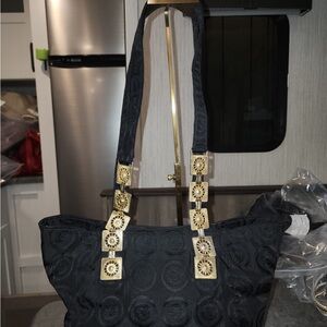 Versace Black Shoulder Bag with Intricate Gold Handle AUTHENTIC